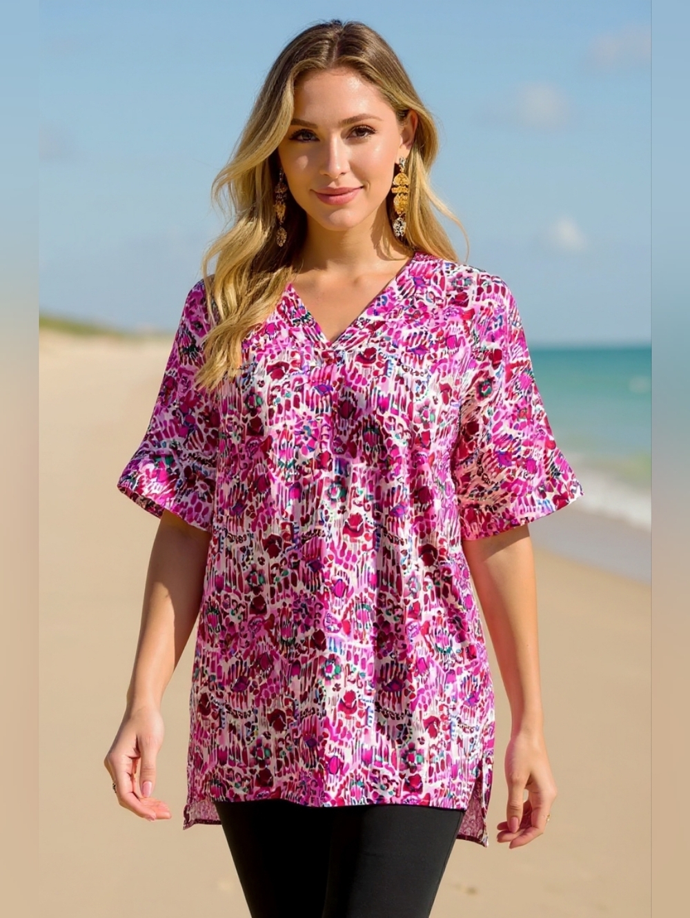 Women's Pink Print V-Neck Tunic Top- Double Take A Just Jen Fav!! Spring Top - Picture 3 of 10